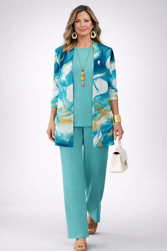 Maxine - Watercolour-Print Three-Piece Pant Set