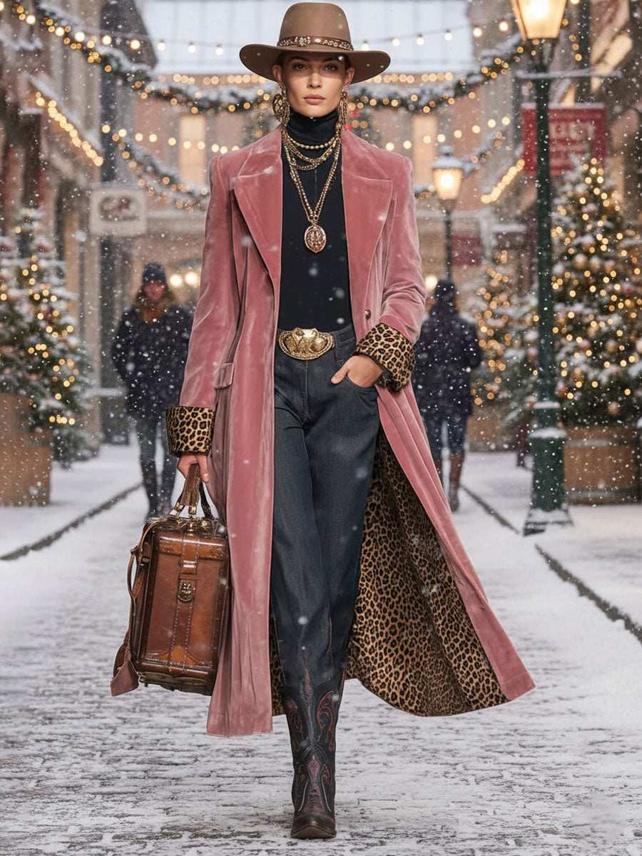 Lapel Single-breasted Velvet And Leopard Print Coat - view 2
